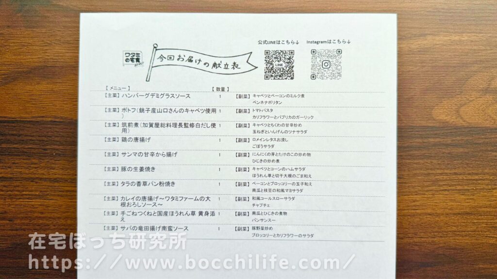 ワタミの宅食ダイレクトお試し10食セット献立表